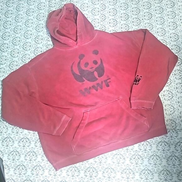 Vintage Y2K WWF Panda Bear Animal Logo 100% Cotton Red Hoodie Med - Picture 1 of 9